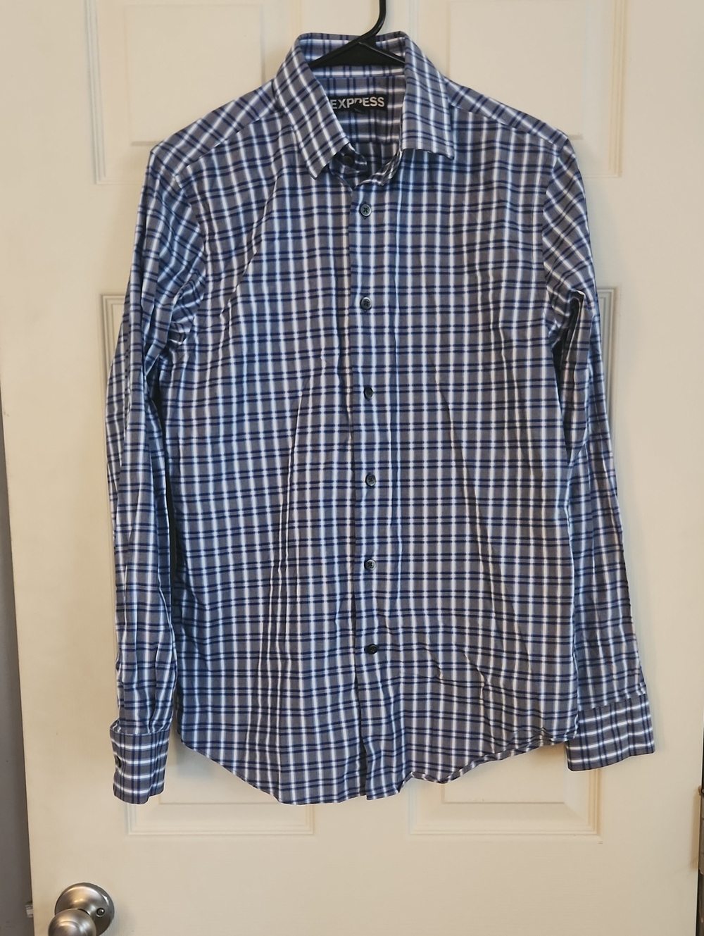 Express Navy and White Plaid Button-Down Shirt